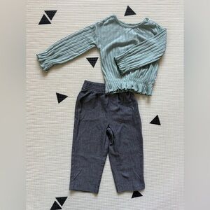 Easy Peasy|Baby girl cute outfit,sage Green ribbed blouse & Gray Pants Set•••18M